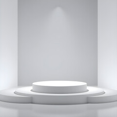 Poster - a white cylindrical podium with a smaller circular platform on top, softly lit by spotlights from above against a soft grey backdrop