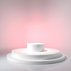 Poster - white cylindrical podium with a smaller circular platform on top, against a pink background