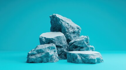 Poster - Vibrant pile of rocks arranged on a blue background showcasing unique shapes and colors in an artistic display