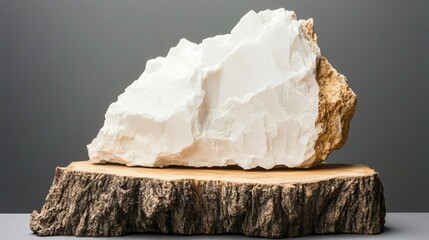 Poster - White quartz crystal gemstone resting on a rustic tree stump surrounded by nature's beauty and organic elements