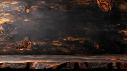 Poster - Striking wooden table displayed against a solid black background highlighting its unique texture and natural beauty