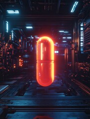 Leinwandbilder - Floating neon cyberpunk pill emitting futuristic light in a dark void with high tech aesthetics Generative AI
