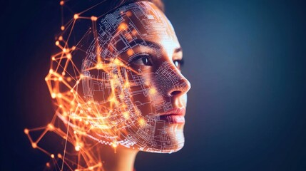Poster - Woman's face illuminated by a glowing grid of lines creating a futuristic and captivating visual effect