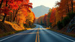 © visualnest - A highway winding through a beautiful autumn landscape with vibrant fall foliage, capturing the essence of the season.  Depth and mood, vibrant colors, golden hour lighting, atmospheric perspective, c