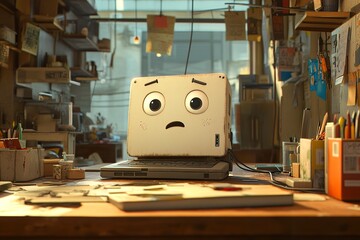 Fototapete - A computer character with a worried expression in its workshop setting
