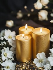 Poster - Elegant golden candles with white flowers create a serene atmosphere against a shimmering dark background Generative AI