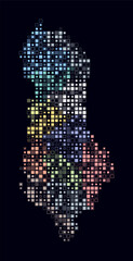 Poster - Albania, shape of the country built of colored cells. Digital style map of Albania on a dark background. Small size square blocks. Trending vector illustration.