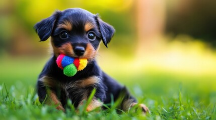 Poster - Playful puppy enjoys a colorful chew toy while sitting on green grass under soft natural light Generative AI