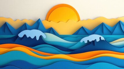 Aufkleber - Vibrant paper art landscape with layered waves, mountains, and warm sun creating a travel inspired aesthetic Generative AI