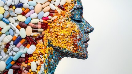 Poster - Intricate mosaic art of colorful pills forming a detailed human silhouette in creative arrangement Generative AI