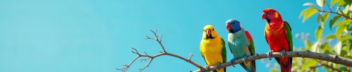 close-up of colorful birds perched on branches with a clear blue sky in the background, colorful, sk