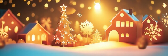 Aufkleber - Festive paper cutout depicting a glowing Christmas tree amidst charming houses and decorative snowflakes in a cozy holiday atmosphere Generative AI