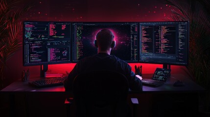 programmer coding late night at desk with triple monitors.