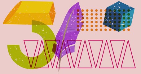 Poster - Risograph Feather with geometric shapes animation. Moving object in trendy riso graph design video.