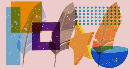 Poster - Risograph Feather with geometric shapes animation. Moving object in trendy riso graph design video.