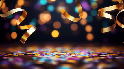 Poster - Golden ribbons falling on colorful confetti with festive bokeh lights