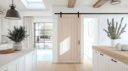 Aufkleber - Modern farmhouse kitchen featuring sliding barn door and skylight