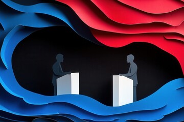 Poster - Engaging political debate depicted through layered paper art in dynamic colors and silhouettes Generative AI