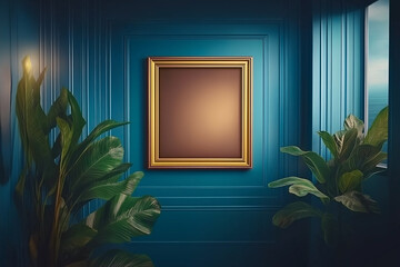 Poster - Golden frame mockup hanging on teal wall in luxurious room