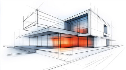 Aufkleber - Modern architectural design project showing a contemporary house with orange light
