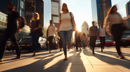 Poster - Crowd of workers and tourists walking on a busy city street at sunset