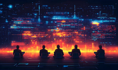 Team watches glowing digital display