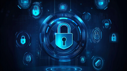 Fototapete - Futuristic padlock protecting digital information in cyberspace