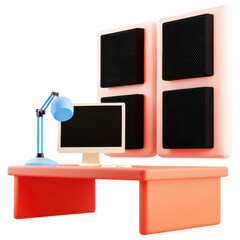 Poster - Podcast studio concept, modern studio workspace with acoustic panels and desk clipart isolated on transparency background