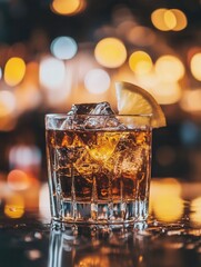 Poster - Refreshing drink with ice and lemon slice served in a glass on a bar counter during evening hours Generative AI