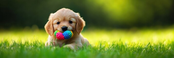 Poster - Playful puppy enjoying a colorful chew toy on lush green grass in soft natural lighting Generative AI