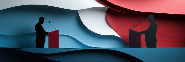 Poster - Engaging paper art design illustrates political debate between two figures at podiums with dynamic abstract background Generative AI