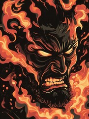 Poster - Intense illustration of an angry person engulfed in flames with a fierce expression showcasing bold colors and dramatic details
