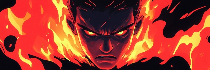 Poster - Angry person surrounded by flames with intense expression symbolizing rage and passion in bold colors