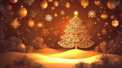 Aufkleber - Festive Christmas paper cutout featuring a glowing tree with ornaments and snowflakes for a cozy holiday atmosphere Generative AI