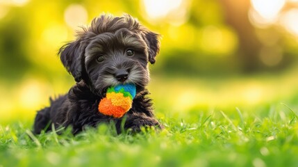 Poster - Playful puppy enjoys bright chew toy on lush grass under soft natural light during warm afternoon Generative AI