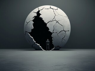 Poster - Apocalyptic digital collage of a lone figure standing before a massive crumbling moon, sci-fi and dramatic, cinematic lighting, vast scale, eerie yet mesmerizing, deep shadows