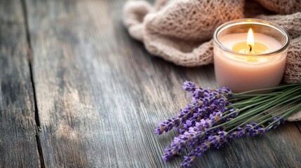 Poster - Cozy still life with lavender sprig and lit candle on textured wooden surface in warm inviting tones Generative AI