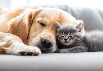Poster - Adorable Golden Retriever Dog and Grey Kitten Snuggling Together in Cozy Atmosphere : Generative AI