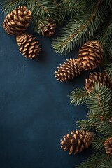 Poster - Scenic arrangement of pine cones and branches on dark background creating a cozy winter atmosphere : Generative AI