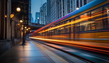 Aufkleber - Fast Moving City Tram with Light Trails in a Urban Setting at Dusk for Transportation Themes : Generative AI