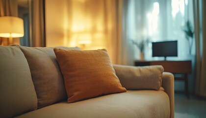 Poster - Cozy living room with soft cushions on a light sofa in an inviting setting for relaxation and comfort : Generative AI