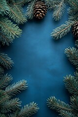 Poster - Aesthetic Top View of Pine and Pinecones Framing a Smooth Blue Surface for Holiday Decor Themes : Generative AI