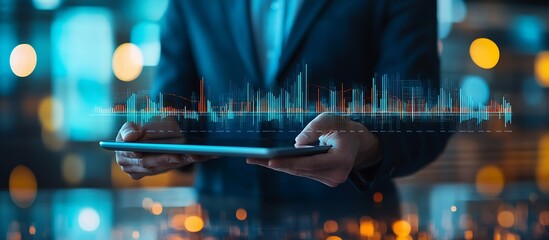 Aufkleber - Businessman Presenting Financial Data on a Tablet with Digital Visualizations in a Modern Office : Generative AI