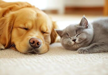 Poster - Charming golden retriever and playful gray kitten snuggling and napping on a cozy rug : Generative AI