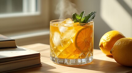 Poster - Refreshing iced drink with lemon and mint served in glass garnished with fresh mint leaves : Generative AI