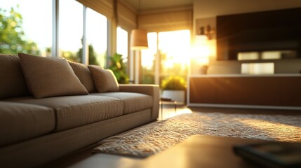 Poster - Stylish living room featuring a comfortable couch in an inviting atmosphere with elegant decor and warm lighting