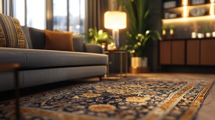 Poster - Stylish living room featuring a comfortable couch and a soft rug in an inviting atmosphere with elegant decor