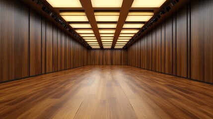 Poster - Wooden floor illuminated by soft lighting creating a warm and welcoming ambiance in a minimalist interior setting