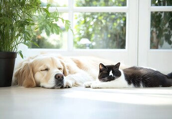 Poster - Adorable Golden Retriever and Playful Cat Relaxing Together on Warm Floor Surrounded by Green Plants : Generative AI
