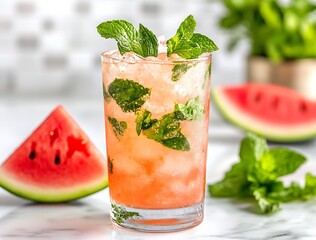 Aufkleber - Chilled Watermelon Mint Drink Garnished with Fresh Mint and Served in a Clear Glass with Watermelon Slices : Generative AI